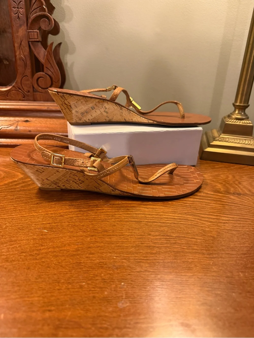Tory Burch Pauline T Tan Leather Cork Wedge Sandals Size 10.5 $265